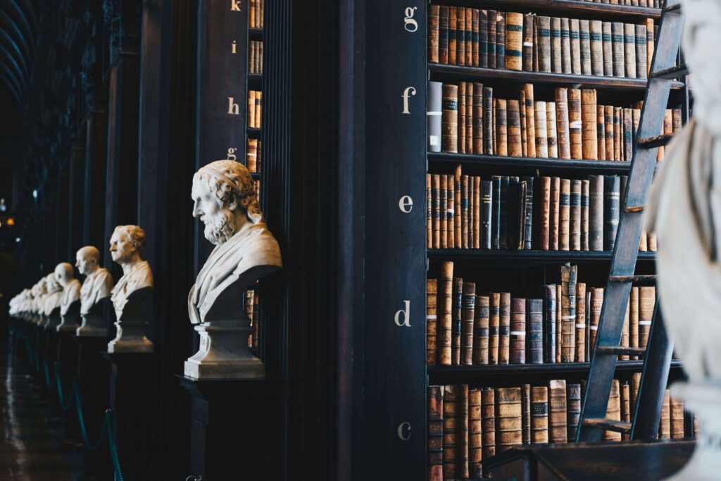 Library shelves with busts