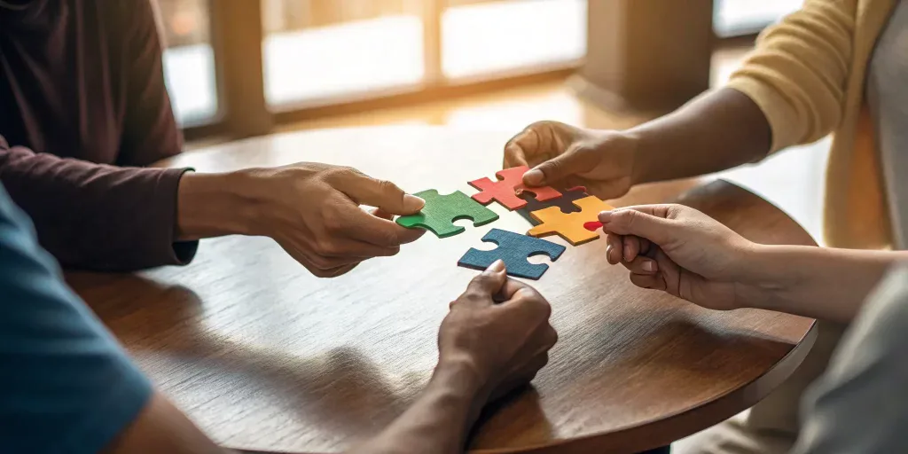 A team builds cohesion with puzzle pieces in a Five Behaviors of a Cohesive Team workshop.