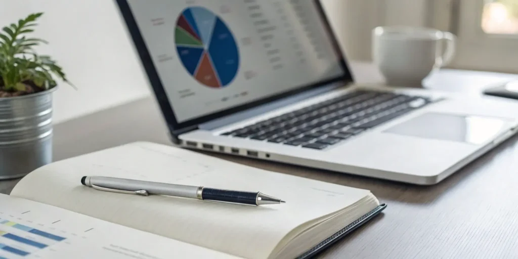 Laptop with a pie chart and notebook for LPI 360 feedback tool pricing.