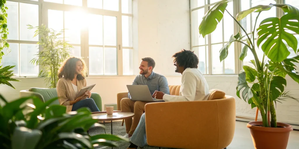 Smiling colleagues collaborating in a bright office, enjoying the benefits of a positive company culture.
